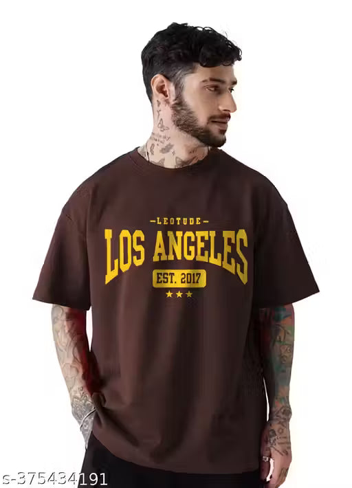 LEOTUDE Men's Oversized Cottonblend Half Sleeve Drop Shoulder Printed Tshirt (Color Brown)