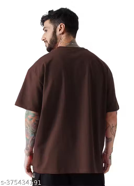 LEOTUDE Men's Oversized Cottonblend Half Sleeve Drop Shoulder Printed Tshirt (Color Brown)