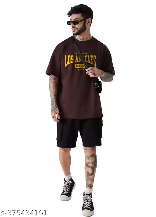 LEOTUDE Men's Oversized Cottonblend Half Sleeve Drop Shoulder Printed Tshirt (Color Brown)